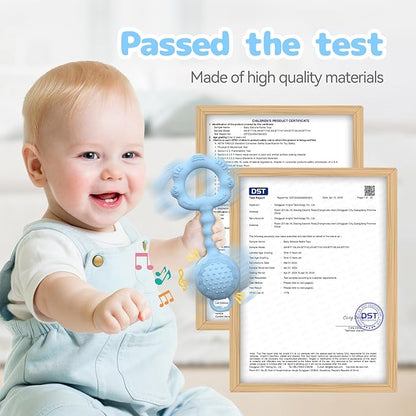 Teethers for Babies 6-12 Months, Rattles for Babies 0-6 Months, 2-in-1 Rattle and Teether Toy for Soothing Sore Gums and Keeps Little Ones Entertained, Food Grade Silicone, Blue