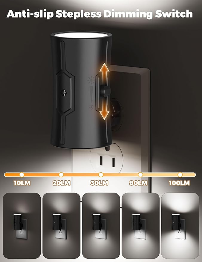 Night Light, 2-Pack Dimmable Plug-in Night Light with Auto On/Off & 90°Rotatable Plug, 0-100LM Adjustable Brightness,1W Ultra Low Energy for Bedroom, Hallway, Bathroom, Kids Room, White