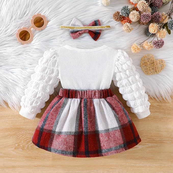 Toddler Baby Girl Plaid Dress Puff Sleeve Bow Patchwork Ribbed Shirts Dress Plaid Fall Winter Outfits with Headband