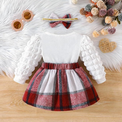 Toddler Baby Girl Plaid Dress Puff Sleeve Bow Patchwork Ribbed Shirts Dress Plaid Fall Winter Outfits with Headband