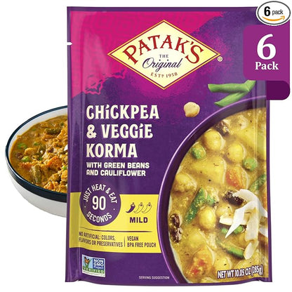 Patak’s Chickpea & Veggie Korma - Mild Creamy Coconut Based Indian Curry with Chickpeas, Green Beans & Veggies - Vegan Microwave Meal for Quick Dinners - Serve with Rice or Naan - 10.5oz (Pack of 6)