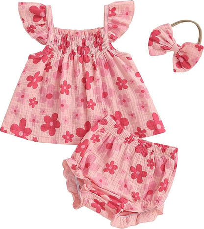Mubineo Baby Girl Summer Clothes Cute Ruffle Tops Dress Shorts Outfits Set Infant Toddler Shrit Bloomers Princess Outfit