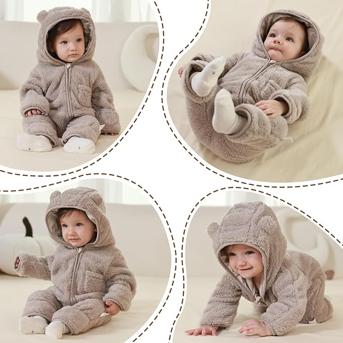 Newborn Baby Bear Outfit With Fold-Over Mittens and Footies Girls Boys Winter Fleece Clothes Hooded Romper Snowsuit