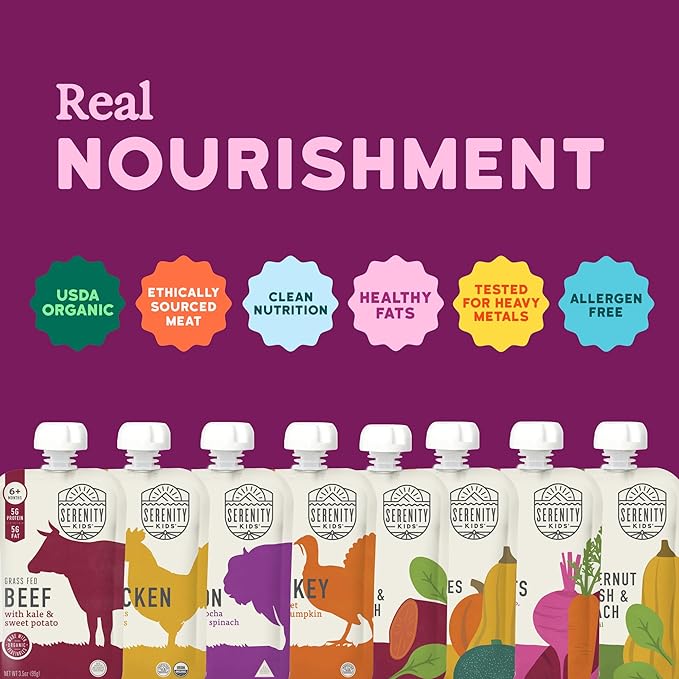Serenity Kids 6+ Months Baby Food Pouches - 5g Protein Nutrient-Packed Organic Baby Food - No Added Sugar & Veggie-Packed Toddler Snack - On-the-Go Pouch for Toddler Meals - 8 Count, 3.5 oz