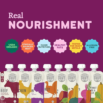 Serenity Kids 6+ Months Baby Food Pouches - 5g Protein Nutrient-Packed Organic Baby Food - No Added Sugar & Veggie-Packed Toddler Snack - On-the-Go Pouch for Toddler Meals - 8 Count, 3.5 oz