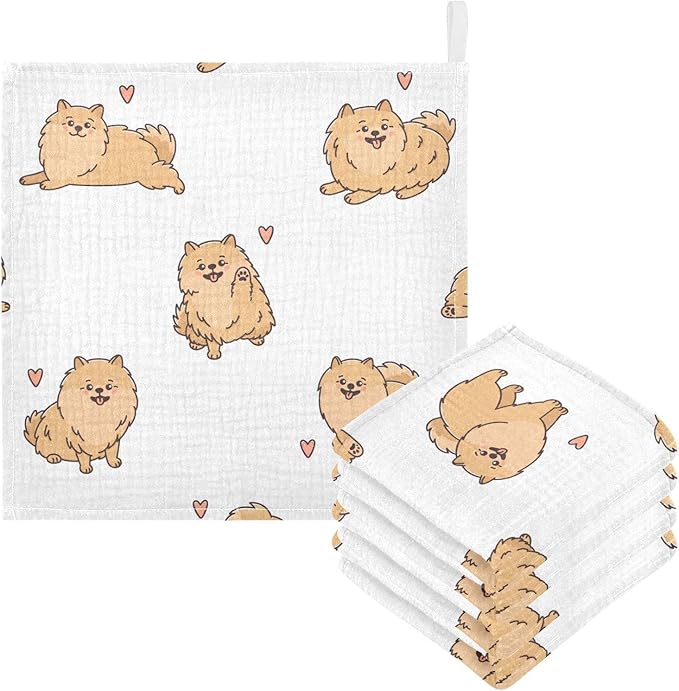 vvfelixl Funny Pomeranian Spitz Dogs Baby Burp Cloths Baby Muslin Washcloths for Boys Girls Cotton Baby Face Towel for Newborn Infants Soft and Absorbent 11.8 X 11.8 in, 5 Pack