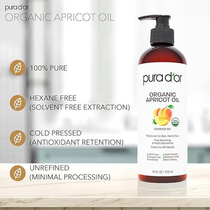 PURA D'OR 16 Oz ORGANIC Apricot Kernel Oil - 100% Pure & Natural USDA Certified Cold Pressed Carrier Oil - Antioxidant & Vitamin E Rich Moisturizer for Natural Glow & Softness - Face, Skin & Hair