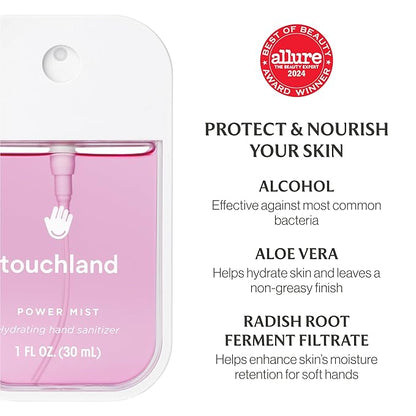 Touchland FRUITY CRUSH Body and Hand Mist Essentials (Peachy Lychee Body & Hair Fragrance Mist, 2 FL. OZ. + Berry Bliss Hydrating Hand Sanitizer Spray 1FL.OZ.), Travel Size Set