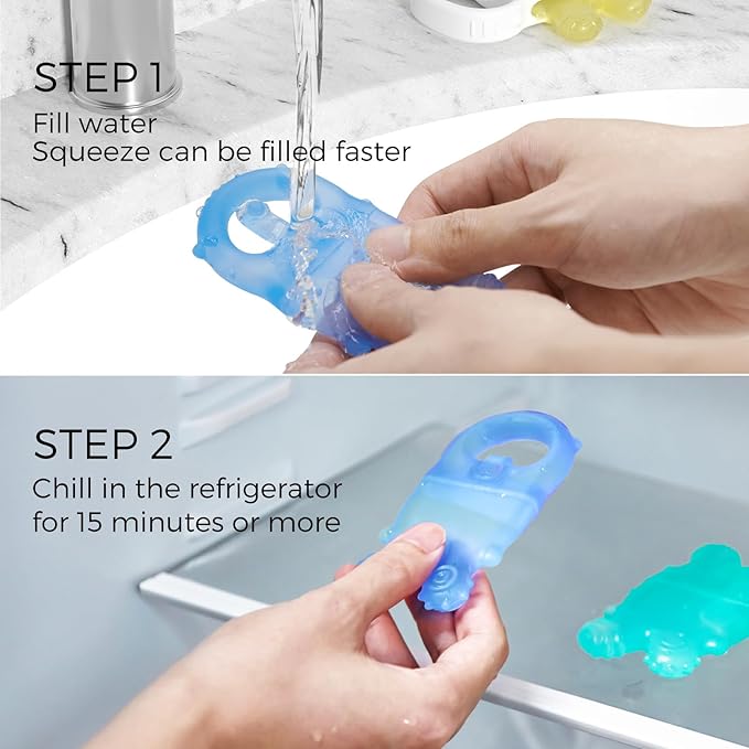 Momcozy Baby Teether Toys, Water Fillable Silicone Cold Teether, Baby Teething Toys Chill Teether, Baby Toys for Teething Relief 0-12 Months, Blue and Yellow 2 Pcs