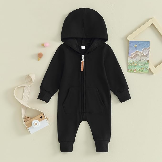 allshope Newborn Baby Boy Girl Fall Outfit Romper Long Sleeve Hooded Solid Zipper Onesie Jumpsuit Bodysuit Infant Clothes