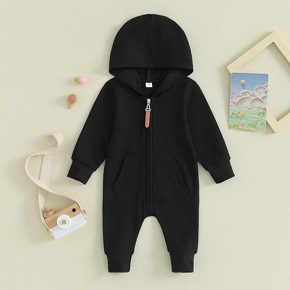 allshope Newborn Baby Boy Girl Fall Outfit Romper Long Sleeve Hooded Solid Zipper Onesie Jumpsuit Bodysuit Infant Clothes