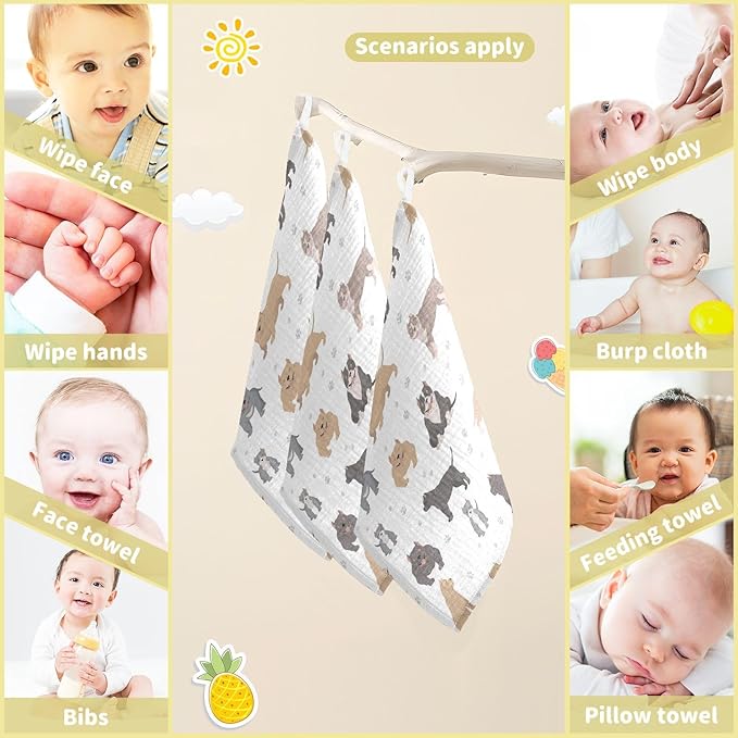 vvfelixl Baby Muslin Washcloths American Bully Dogs Baby Burp Cloths Cotton Baby Face Towel for Newborn Infants Boys Girls Soft and Absorbent 11.8 X 11.8In, 3 Pack