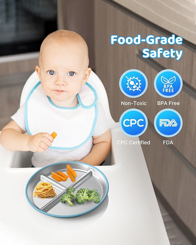 Stainless Steel Kids Plates (2 Pack): 9" Divided Plates with Silicone Suction for Babies, Unbreakable Dinner Dishes for Toddlers, Non Toxic, BPA Free, Anti-Slip, Dishwasher Safe (Bule & Yellow)