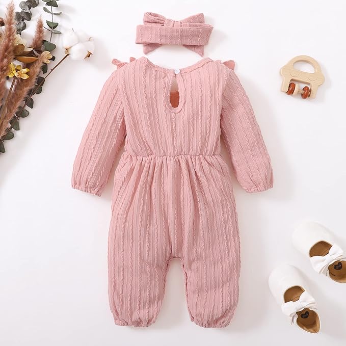 Happy Town Baby Girl Romper Infant Fall Winter Clothes Ruffle Sweater Long Sleeve Bodysuit Jumpsuit and Headband