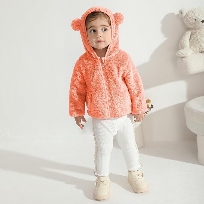 Baby Toddler Boys Girls Fleece Jacket with Hood Zip Up Cute Bear Coats for Infant Boys Girls Fuzzy Jacket with Ear 1-5T