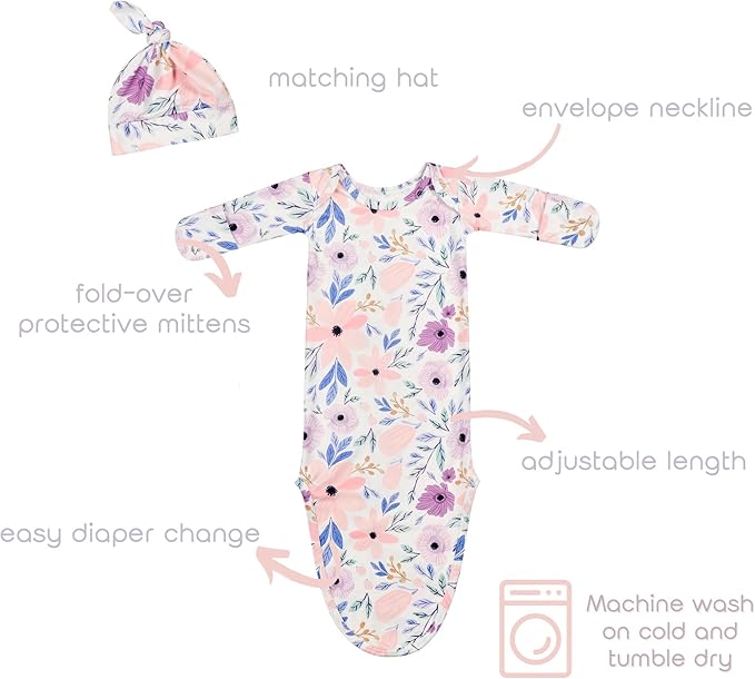 Newborn Baby Knotted Gown Sleeper Gown with Mittens Long Sleeve Nightgown Baby Coming Home Outfit with Hat 2 Pieces