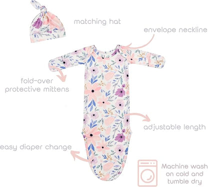 Newborn Baby Knotted Gown Sleeper Gown with Mittens Long Sleeve Nightgown Baby Coming Home Outfit with Hat 2 Pieces