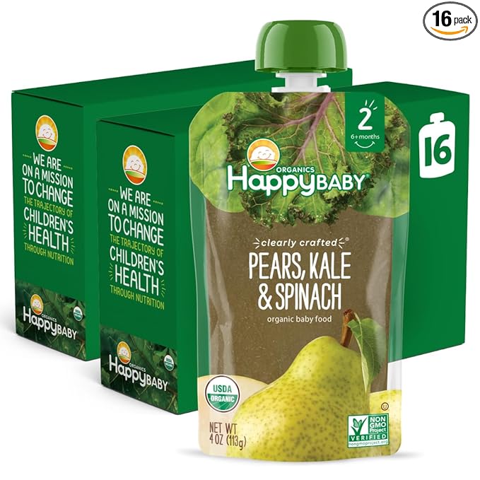 Happy Baby Organics Stage 2 Baby Food Pouches, Gluten Free, Vegan & Healthy Snack, Clearly Crafted Fruit & Veggie Puree, Pears, Kale & Spinach, 4 Ounces (Pack of 16)