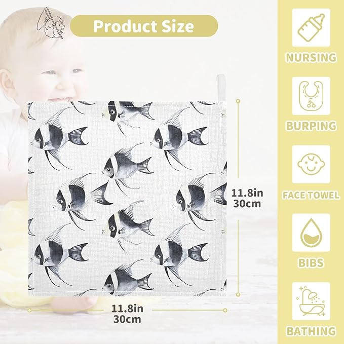vvfelixl Black and White Angelfish Baby Burp Cloths Baby Muslin Washcloths for Boys Girls Cotton Babys Face Towel for Newborn Infants Soft and Absorbent 11.8 X 11.8 in, 5 Pack