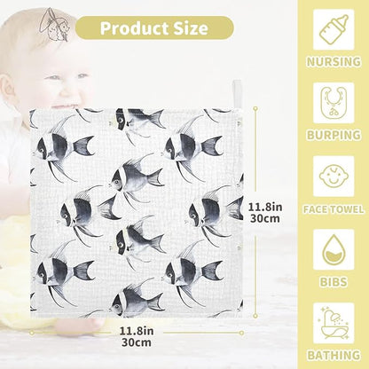 vvfelixl Black and White Angelfish Baby Burp Cloths Baby Muslin Washcloths for Boys Girls Cotton Babys Face Towel for Newborn Infants Soft and Absorbent 11.8 X 11.8 in, 5 Pack