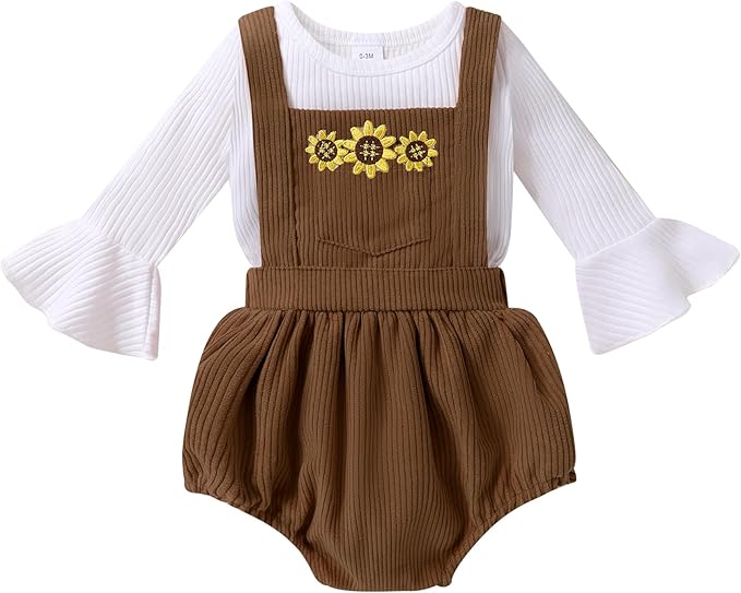 Tiny Cutey Newborn Baby Girl Clothes Bell Sleeve Romper and Corduroy Overalls Shorts Infant Girl Fall Outfits