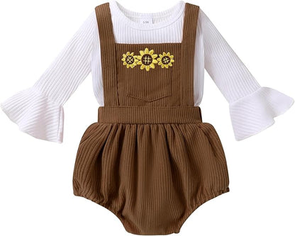 Tiny Cutey Newborn Baby Girl Clothes Bell Sleeve Romper and Corduroy Overalls Shorts Infant Girl Fall Outfits