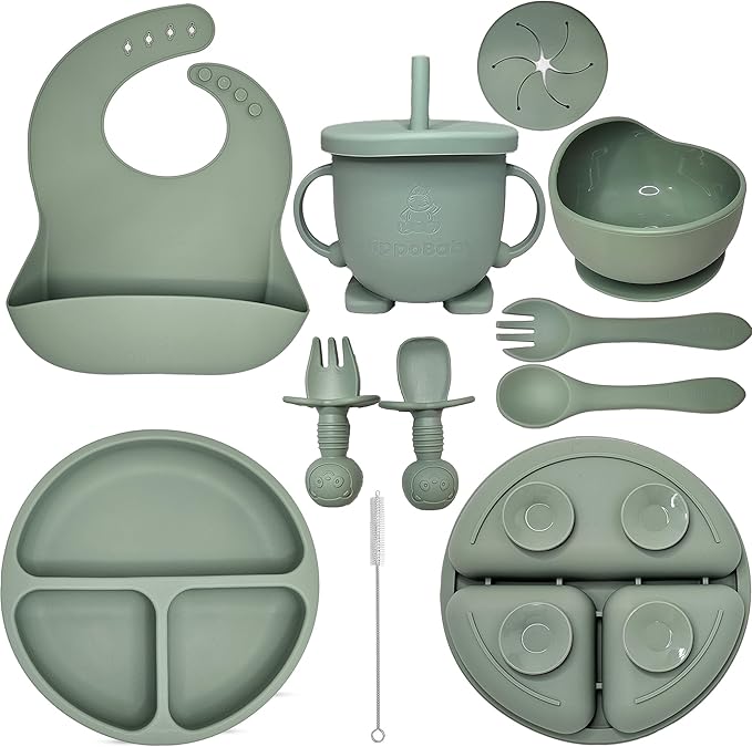 Baby Led Weaning Supplies | 10 Piece Silicone Baby Feeding Set, Baby Toddler Bib Cup Divided Plate and Bowl Self Feeding Spoons Dish Set,Baby Utensils | Toddler Feeding Supplies