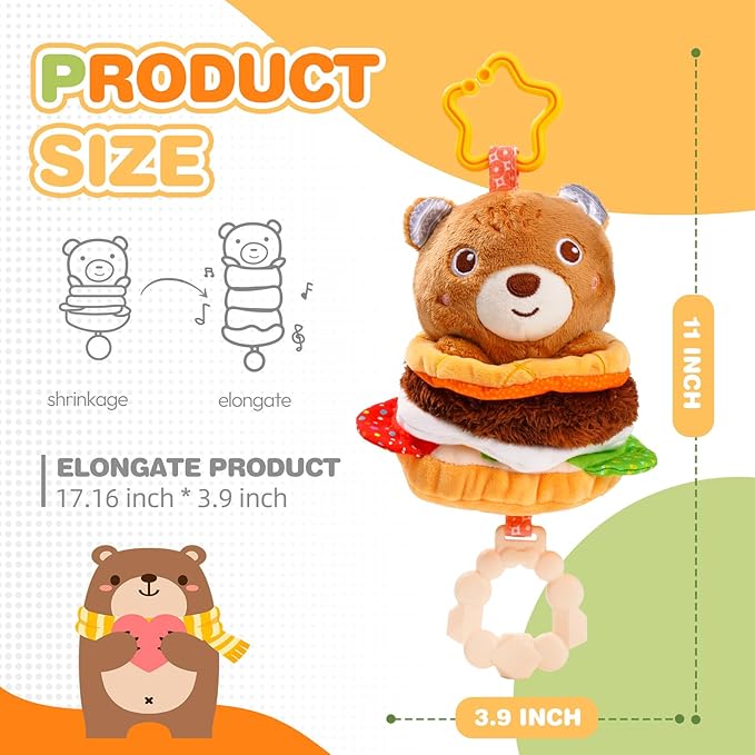 Jollybaby Baby Musical Pull String Hanging Toys for Stroller Car Seat Crib Play Gym, Plush Stuffed Hamburg Bear Toy for Carseat with Music Teether Crinkle, Sensory Toy for 0-6-12-18 Months Baby Gifts