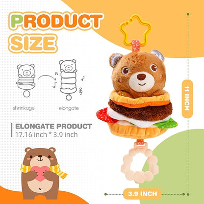 Jollybaby Baby Musical Pull String Hanging Toys for Stroller Car Seat Crib Play Gym, Plush Stuffed Hamburg Bear Toy for Carseat with Music Teether Crinkle, Sensory Toy for 0-6-12-18 Months Baby Gifts