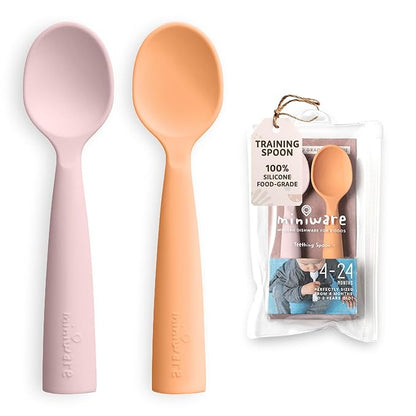 Miniware Silicone Baby Spoon for Training - BPA Free Baby Utensils - Baby Spoons Self Feeding 6 Months | 100% Food Grade Silicone - Modern & Dishwasher Safe Toddler Spoons (Cotton Candy and Toffee)