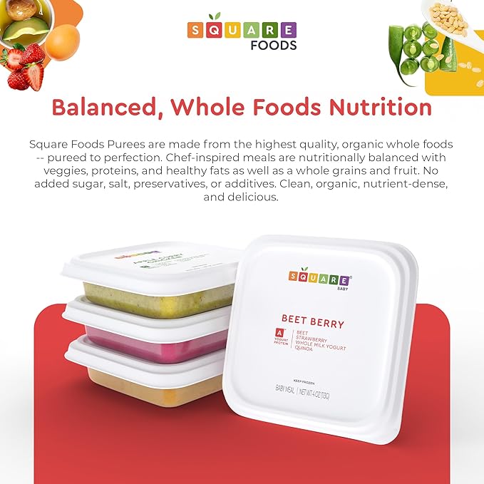 Square Food Organic Baby Food Purees | Soft Food Sampler Pack | Fresh & Dietitian-Designed Veggie-Forward, Balanced Meals | Low Sugar. No Added Sugar | Allergen Intro Options (7 Pack, 4 oz)