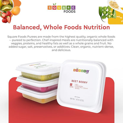 Square Food Organic Baby Food Purees | Soft Food Sampler Pack | Fresh & Dietitian-Designed Veggie-Forward, Balanced Meals | Low Sugar. No Added Sugar | Allergen Intro Options (7 Pack, 4 oz)