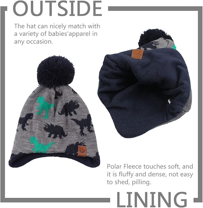 JANGANNSA Knitted Baby Hat Scarf Set Winter Warm Boys Girls Beanie Fleece Lining Toddler Kids Hats with Pompom