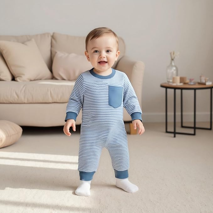 VISGOGO Newborn Infant Baby Boy Waffle Cotton Romper Clothes Onesie Stripe Jumpsuit 0 3 6 12 18 Months Long Sleeve Outfits