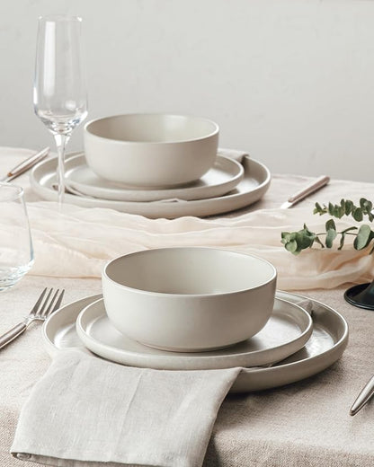 Famiware Milkyway Stoneware Dinnerware Sets with Pasta Bowls, Service for 6 (24 Pieces), Reactive Glaze Plates and Bowls Sets, Microwave and Dishwasher Safe Dishes Set, Matte Beige White