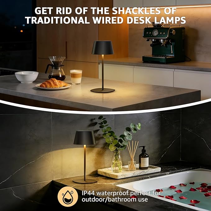 FUYO 2 Pack Rechargeable Table Lamp, Cordless Battery Operated Lamp, Waterproof Shower Lamp with 3 Colors Stepless Dimming, Desk Night Lamp for Bathroom Bedroom Patio Camping Restaurant (Black)