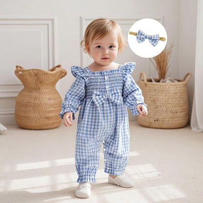 Newborn Infant Smocked Baby Girl Clothes Plaid Bubble Romper Long Leg Bodysuit Bow One-Piece Jumpsuit