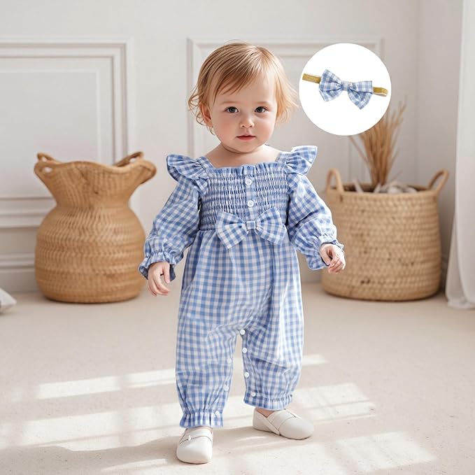 Newborn Infant Smocked Baby Girl Clothes Plaid Bubble Romper Long Leg Bodysuit Bow One-Piece Jumpsuit