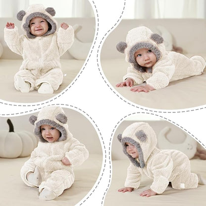 Newborn Baby Bear Outfit Suit With Fold-Over Mittens Footies Girls Boys Winter Fleece Clothes Hooded Romper Snowsuit