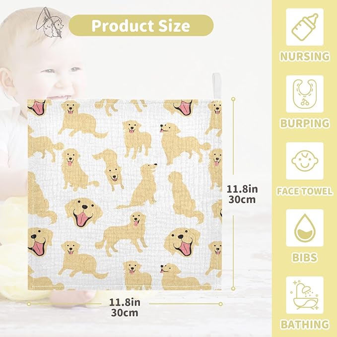 vvfelixl Baby Muslin Washcloths Golden Retriever Dog Baby Burp Cloths Cotton Baby Face Towel for Newborn Infants Boys Girls Soft and Absorbent 11.8 X 11.8 in, 3 Pack