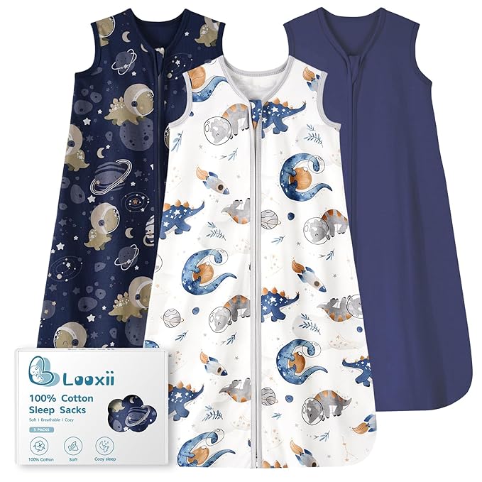 Looxii Baby Sleep Sack 0.5 TOG, 100% Cotton 3 Pack Wearable Blanket Baby Sleep Bag for Newborn Infant, 2-Way Zipper Lightweight Toddler Sleeping Sack 18-24 Months