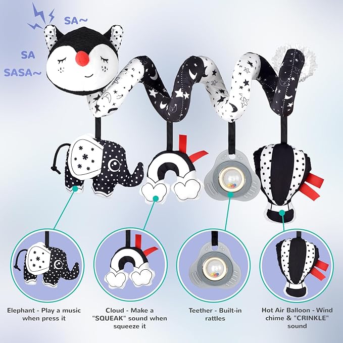 XIXILAND Musical Car Seat Toy Black and White Baby Toys, Infant Toys 0-6 Months Stroller Toy, High Contrast Newborn Developmental Gift for 0 3 6 9 12 Months Girls Boys Babies