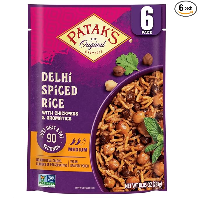 Patak’s Delhi Spiced Rice - Fragrant Basmati Rice w/Chickpeas, Onion & Tomato - Kosher, Vegan Microwavable Meal Ready in 90 Seconds - Ready To Eat Rice For Quick Lunch Or Dinner - 10.05oz (Pack of 6)