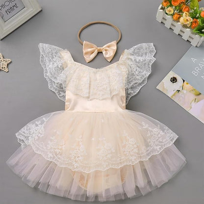 FYMNSI Infant Baby Girl 1st Birthday Outfit Floral Lace Tulle Romper Tutu Dress Headband 2PCS Bodysuit Princess Summer Clothe