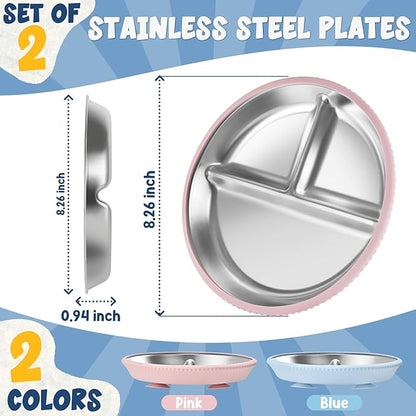 2-Pack Stainless Steel Kids’ Plates with Suction Bases, 8.26" Divided Toddler Plates with Removable Silicone Sleeves, Non-Slip, BPA-Free, Dishwasher Safe (Pink & Blue)
