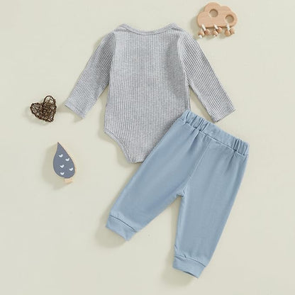 fhutpw Baby Boy Clothes 3 6 12 18 Months Ribbed Knitted Long Sleeve Romper and Pants Sets Newborn Fall Splicing Color Outfits