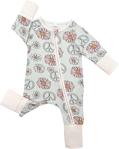 Bow Dream Bamboo Rayon Baby Boy Romper Footed Long Sleeve Footies Newborn Girl Clothes Footless with Zipper and Mitten Cuffs