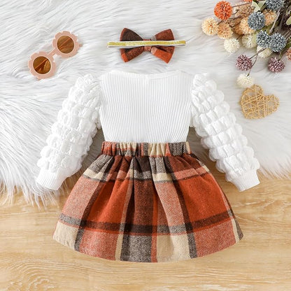 Toddler Baby Girl Plaid Dress Puff Sleeve Bow Patchwork Ribbed Shirts Dress Plaid Fall Winter Outfits with Headband