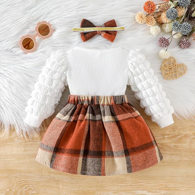 Toddler Baby Girl Plaid Dress Puff Sleeve Bow Patchwork Ribbed Shirts Dress Plaid Fall Winter Outfits with Headband