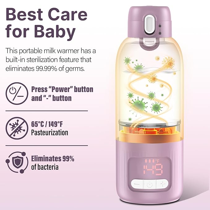 Portable Bottle Warmer for Travel,2Min Fast Heating,16000mAh Battery Baby Bottle Warmer for Breast Milk/Formula/Water,17 Oz Large Capacity Milk Warmer w/Sterilizer/Fast Charge/8-Temp Control